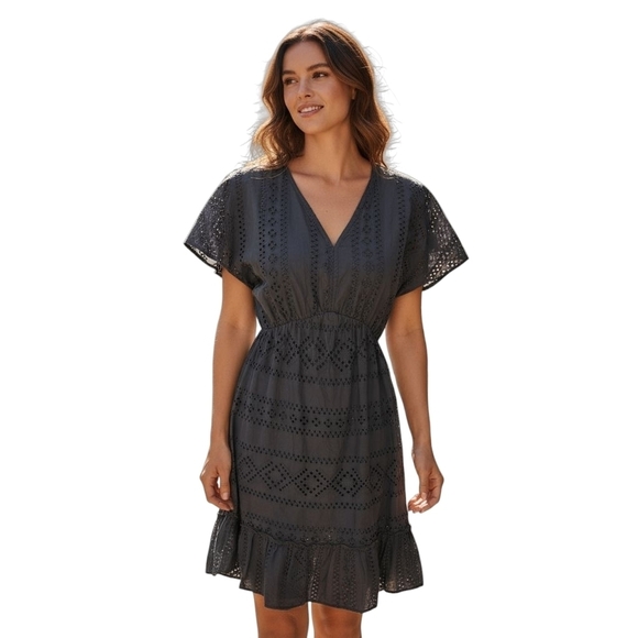 Valentina Naldi Dresses & Skirts - Valentina Naldi Eyelet Baby Doll Dress Size L Black Ruffle Italy Y2K Whimsigoth